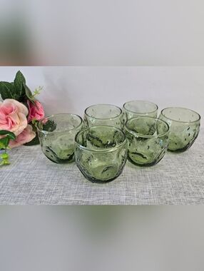 Vintage Set Of 6 Blenko Style, MCM Avocado Green Rock Glass Roly Poly Glasses‎
